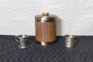 lot 282 image: Vintage Wood and Metal Ice Bucket with Mini Silverplate Creamer and Cup