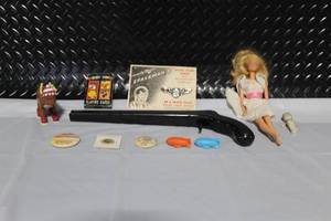 lot 291 image: Vintage Toy and Collectible Lot Including Dolls, Playing Cards, and Badges