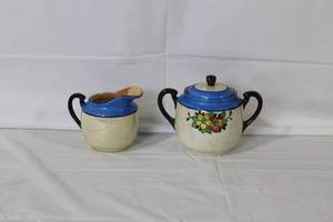 lot 303 image: Vintage Ceramic Sugar Bowl and Creamer Set with Hand-Painted Floral Design