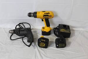 lot 304 image: DeWalt Cordless Drill Set with Charger, 2 Batteries, and Black & Decker Corded Drill