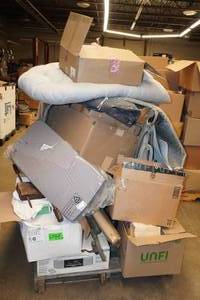 lot 241 image: Pallet of Assorted - Microwave, Fishing Rods, Wood Clamps, Shampooer, Housewares