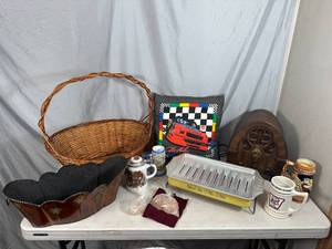 lot 58 image: Radio, Baskets, Collectible Beer Steins, Vintage Aluminum Pan, Nascar Pillow, and More