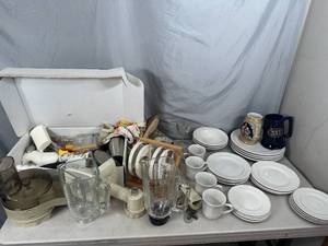 lot 59 image: Assorted Glassware, Kitchen Items, Cooking Items, Plates, and More