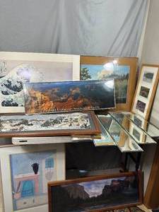 lot 60 image: Vintage Mirror and Assorted Framed and Unframed Wall Decor