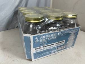 lot 17 image: New Case of 12 Anchor Hocking 1 Quart Canning Jars with Lids - Regular Mouth
