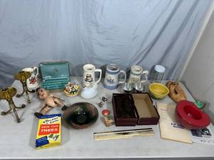 lot 35 image: Assorted Collectibles, Steins, Wig, and More