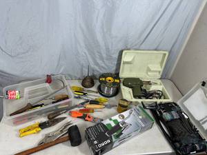 lot 69 image: Hand Tools, Large Roll of Solder, Grease Gun, Soldering Gun, Etc