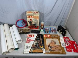 lot 80 image: Assorted Collectibles, Vintage Hot Wheels, JFK Rocking Chair Figurine, Twins Posters, and More