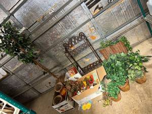 lot 83 image: Assorted Faux Plants, Home Decoration, Hand Towels, Heavy Metal Shelf, and More