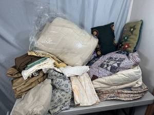 lot 95 image: Assorted Quilts, Blankets, Sheets, Heated Blanket, Pillows, and More