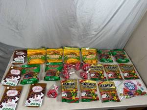 lot 198 image: Assorted Candy, Haribo Gummies, Mango Chili Bears, Roca Chocolate Bites, Tootsie Pops, and More