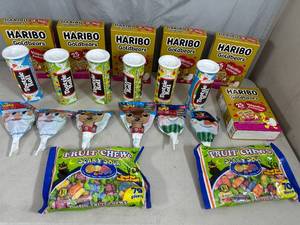 lot 228 image: Assorted Candy, Haribo Gummies, Fruit Chews, Tootsie Roll Banks, Etc