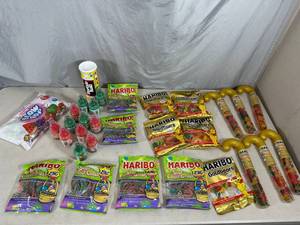 lot 253 image: Assorted Candy, Haribo Gummies, Baby Bottle Pops, Blow Pops, Tootsie Rolls