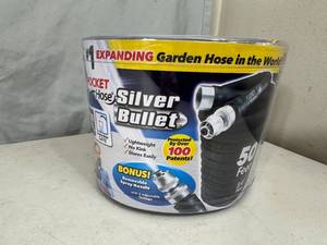 lot 130 image: New Pocket Hose Silver Bullet 50 ft Expanding Garden Hose