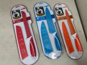 lot 133 image: 3 New Ceramic Coated Kitchen Knives with Sleeves