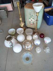 lot 44 image: Large Lot of Lamp Globes  Vintage Hamper & (2) Lamps