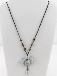 Aventurine or Jadeite Lotus Flower Pendant Necklace with Braided Cord 12.5 Inch