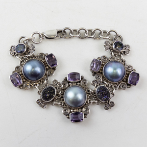 Sajen Sterling Silver Bracelet with Amethyst, Pearl, and Multi-Gemstone Statement Bracelet. ***Estimated Replacement Value $175***