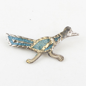 lot 12 image: Vintage Mexican Sterling Silver Turquoise Roadrunner Brooch