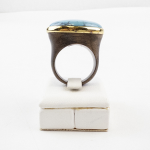 lot 33 image: Turquoise and Wood Ring with Gold Accent, Size 8.5