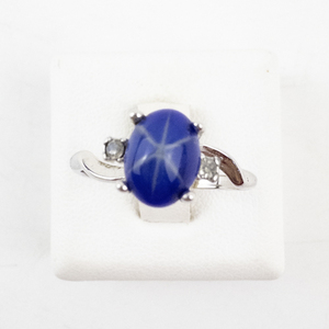 lot 50 image: Created Star Sapphire Style Ring with Blue Stone and Accents, Size 8
