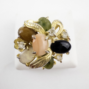 lot 51 image: 18K HGE Multi-Gemstone Cluster Ring Size 6 with Coral, Opal, Jade, Onyx, and Tigers-Eye