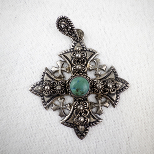 lot 108 image: Antique 900 Silver Jerusalem Cross Pendant with Turquoise Accent, 15.2g