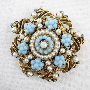 lot 149 image: Florenza Vintage Brooch with Faux Pearls and Turquoise Accents.