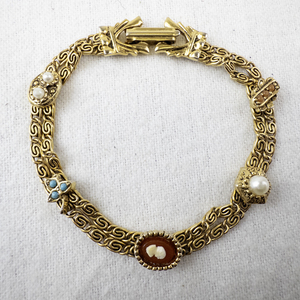 lot 175 image: Goldette Filigree Link Bracelet with Cameo, Pearls, and Turquoise Accents