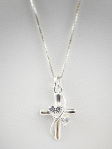 lot 189 image: Sterling Silver Cross Pendant Necklace with CZ Heart Accents