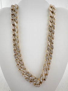 lot 193 image: Gold Tone Cuban Link Chain Necklace with Rhinestones