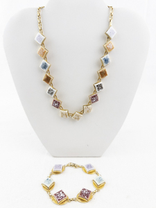 lot 199 image: Square Enamel Necklace and Bracelet Set with Gold-Tone Links