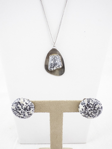 lot 216 image: Sterling Silver Pendant Necklace and Clip-On Earrings Set with Black and White Stone Inlay