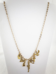 lot 218 image: Gold Tone Egyptian Charms Necklace with Ankh, Cat, and Pyramid