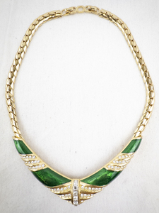 lot 230 image: Gold Tone Necklace with Green Enamel and Rhinestone Accents