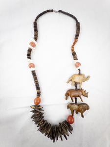 lot 234 image: Handcrafted Wood Bead Necklace with Carved Animal Pendants