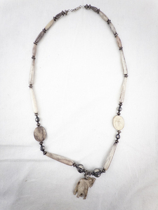 lot 235 image: Carved Bone Bead Necklace with Elephant Pendant and Metal Accents
