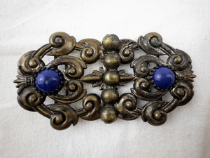 lot 239 image: Vintage Ornate Brass Strap Accent with Blue Cabochon Stones