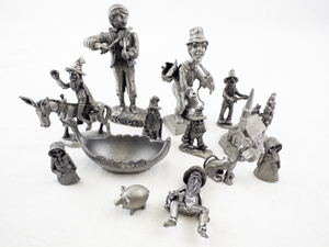 lot 250 image: Collection of Pewter Figurines Including Gnomes, Spoon Rest, and Miniature Scenes