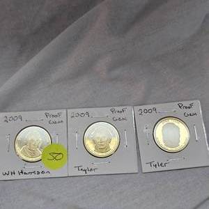 lot 50 image: 2009 $1 Tyler Proof Gem, Taylor Proof Gem, WH Harrison Proof Gem