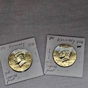 lot 72 image: 2-2004 Kennedy 50c 24Kt Layered Proof Coins