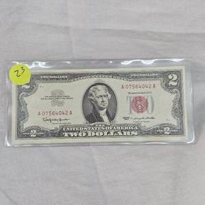 lot 23 image: 1963 $2 US Note Red Seal B UNC
