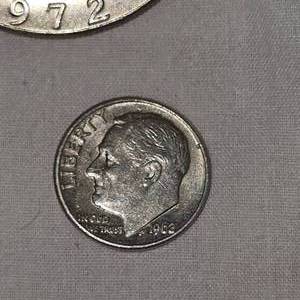 lot 82 image: 1962 Roosevelt 10c, 1936 Mercury 10c, 1972 Ike Silver Dollar