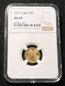 lot 01 image: 2022 AMERICAN GOLD EAGLE 110TH TROY OZ .999 FINE GOLD NGC MS69