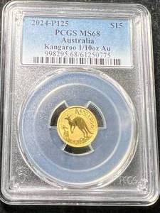 lot 04 image: 2024 AUSTRALIAN KANGAROO 110TH TROY OZ .9999 FINE GOLD PCGS MS68