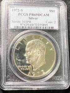 lot 06 image: 1972-S US PROOF EISENHOWER DOLLAR PCGS PR69DCAM SILVER