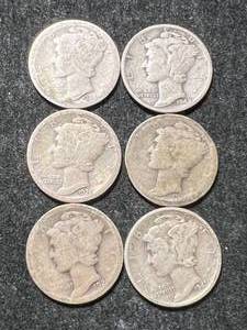 lot 22 image: GROUP OF 6 US MERCURY DIMES