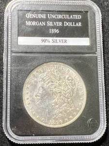 lot 26 image: 1896 US MORGAN SILVER DOLLAR SLABBED UNC