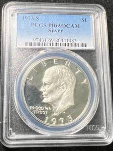 lot 43 image: 1973-S US PROOF EISENHOWER DOLLAR PCGS PF69DCAM SILVER