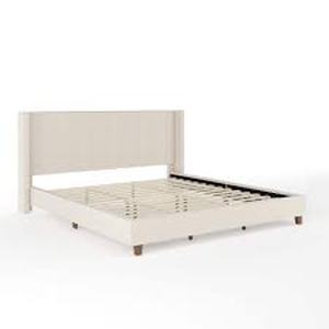 lot 11 image: MARTHA STEWART Kay Beige Wood Frame King Platform Bed with Upholstered Solid Wood Customer Returns See Pictures